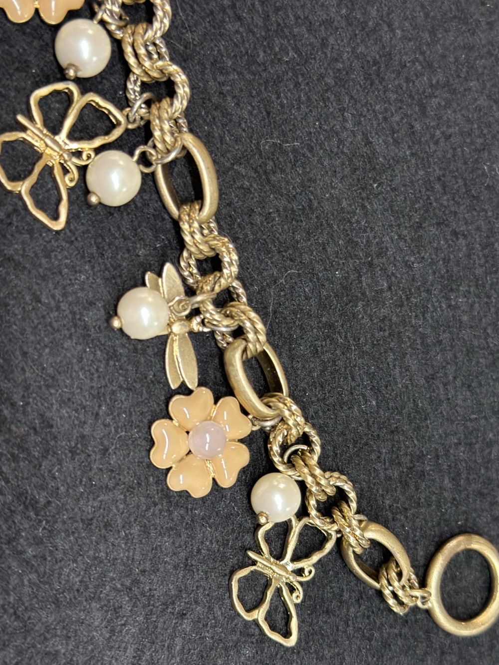 Butterfly & Dragonfly Charm Bracelet - Gold & Cream, pale pink flowers